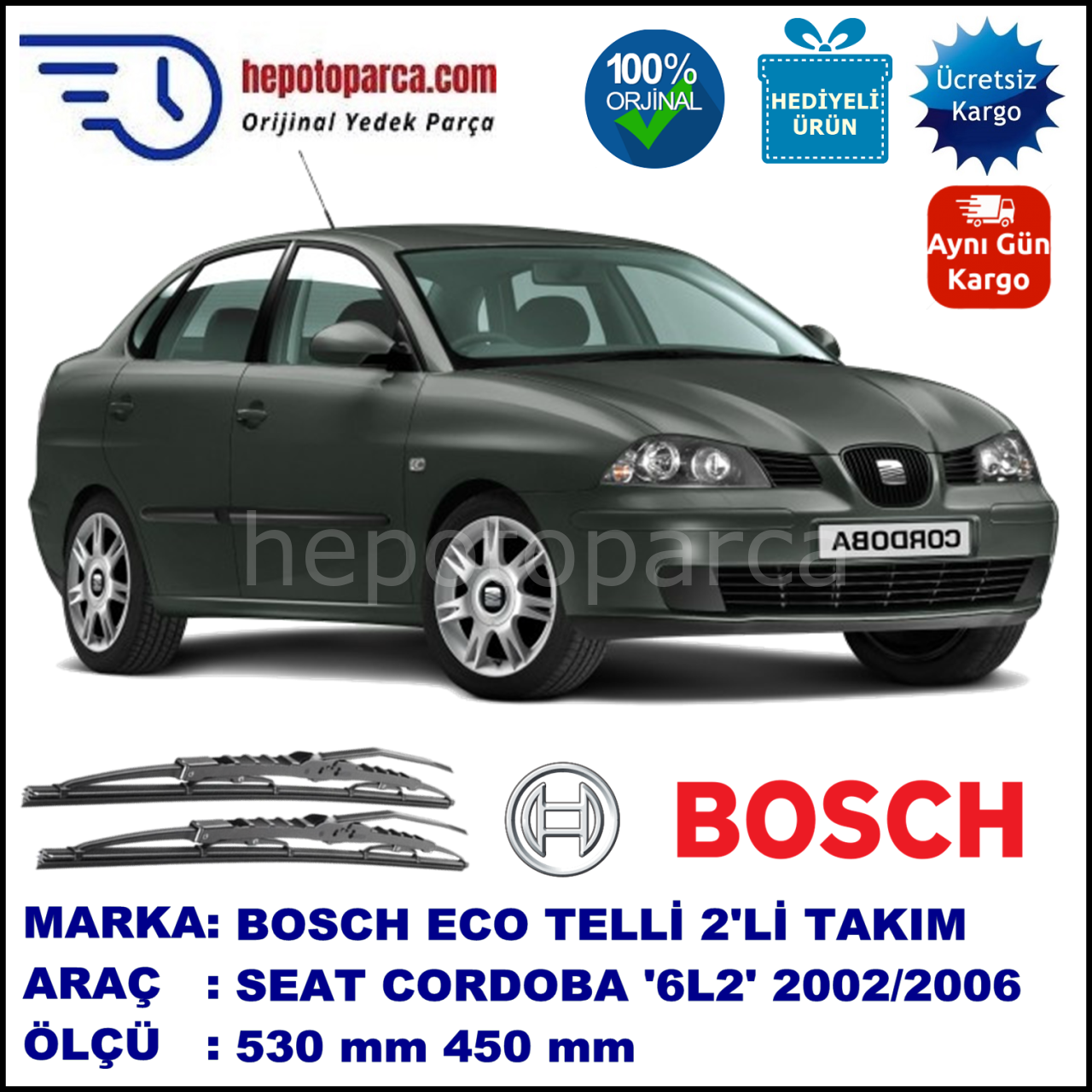 SEAT Cordoba [6L2] 09.02-02.06 530 / 450 mm. BOSCH ECO Telli Silecek 2'li Takım