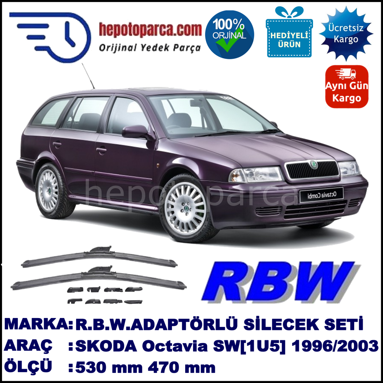 SKODA Octavia Combi [1U5] 10.1996-12.2010, 530 / 470 mm.  RBW  ADAPTÖRLÜ MUZ SİLECEK SETİ