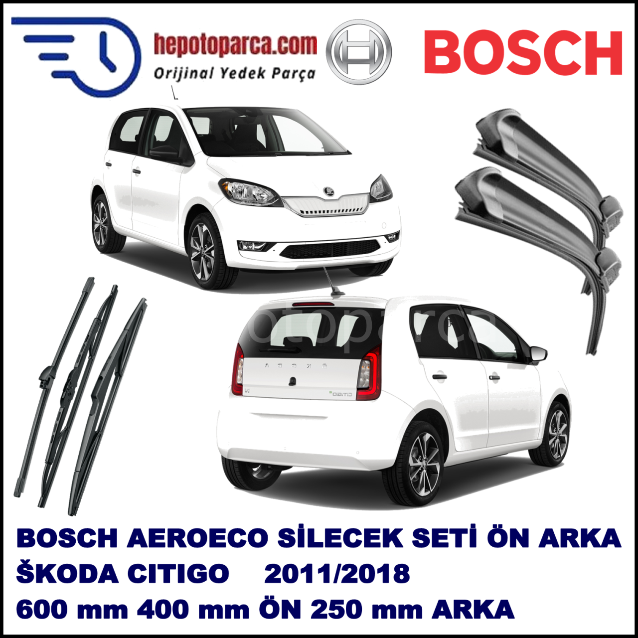 SKODA Citigo  10,2011-,,, Bosch Aeroeco Ön ve Arka Silecek Takımı