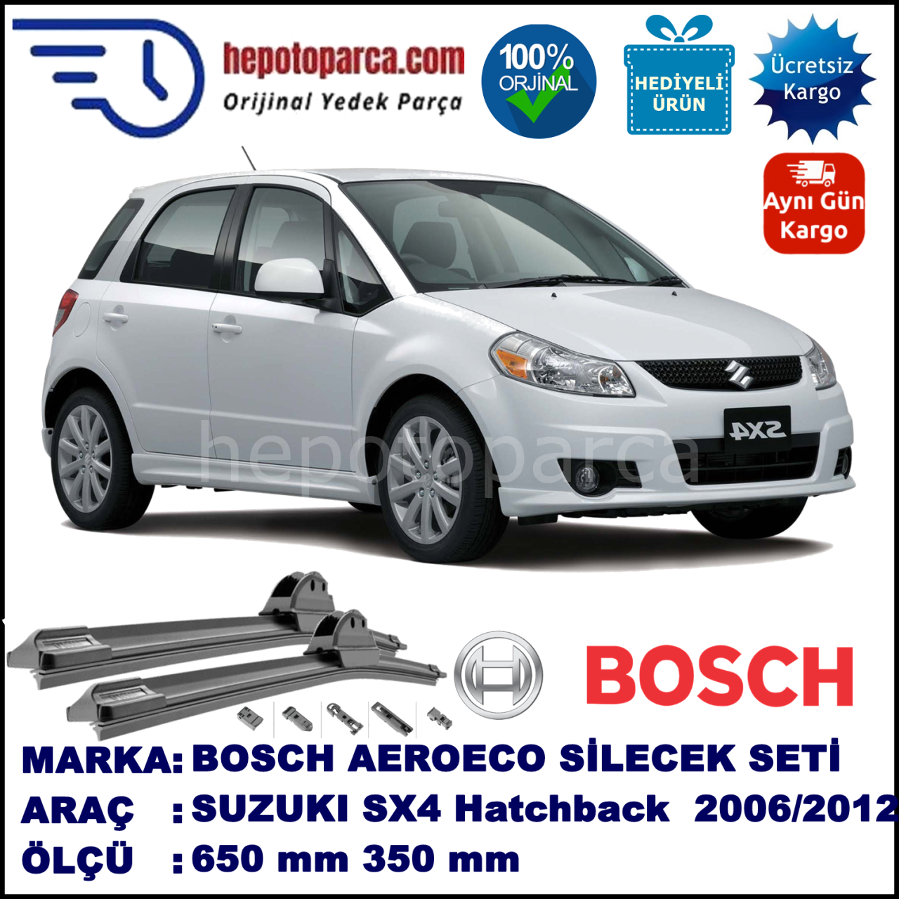 SUZUKI SX4 Hatchback  05.2006-..., 650 / 350 mm. BOSCH AEROECO Aparatlı Muz Silecek