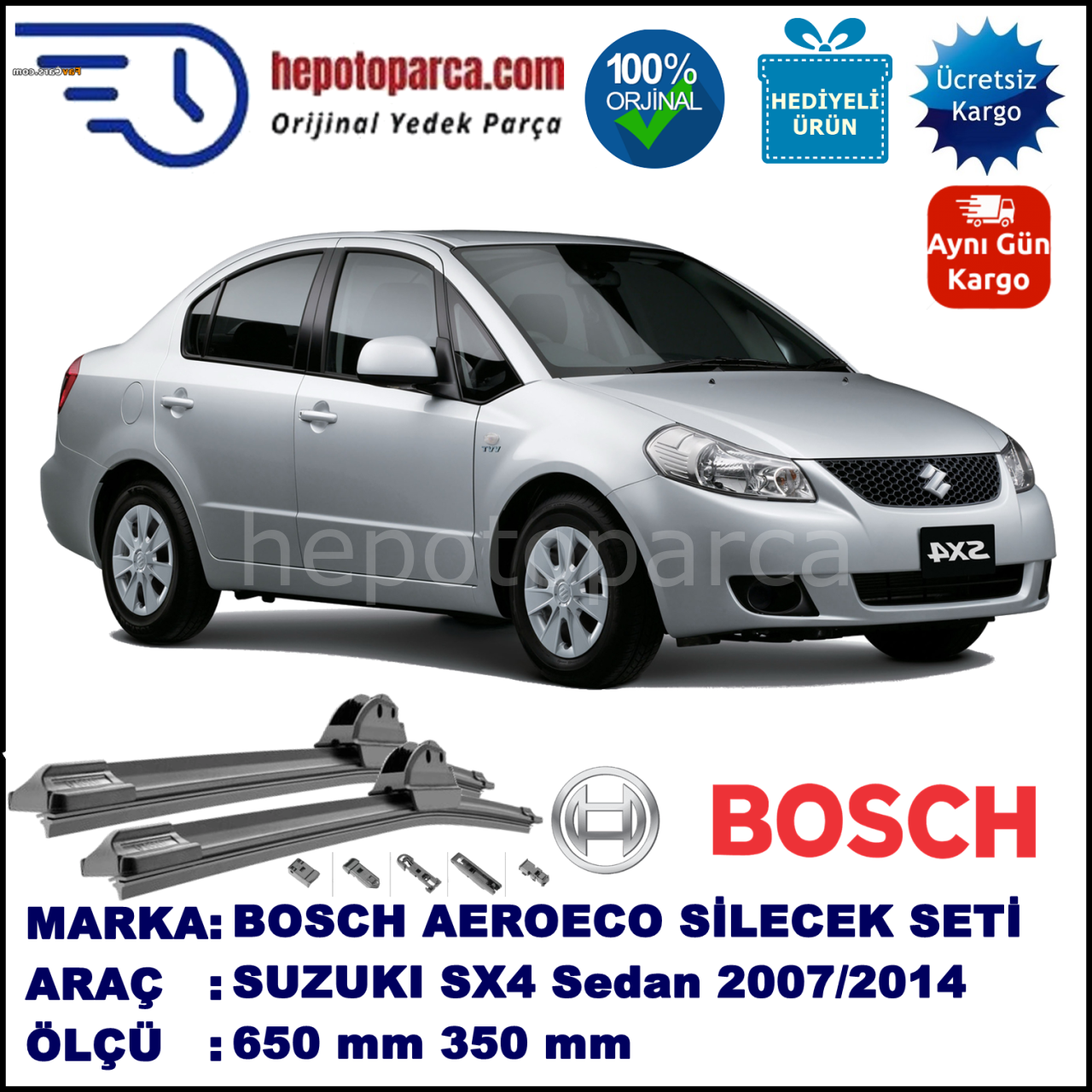 SUZUKI SX4 Sedan  07.2007-..., 650 / 350 mm. BOSCH AEROECO Aparatlı Muz Silecek