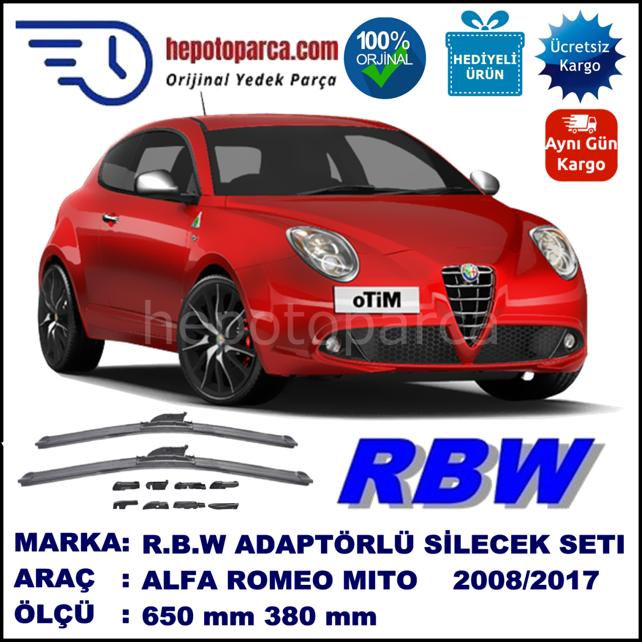 ALFA ROMEO Mito [955] 08.2008-… , 650 / 380 mm.  RBW  ADAPTÖRLÜ MUZ SİLECEK SETİ