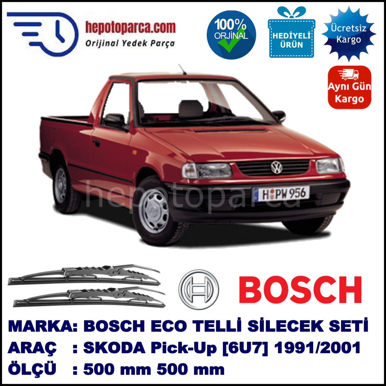 SKODA Pick-Up [6U7] 09.91-03.01 500 / 500 mm. BOSCH ECO Telli Silecek 2'li Takım