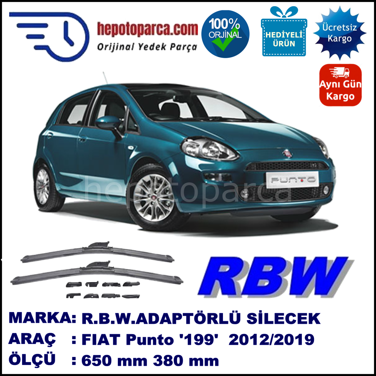 FIAT Punto [199..] 01.2012-..., 650 / 380 mm.  RBW  ADAPTÖRLÜ MUZ SİLECEK SETİ