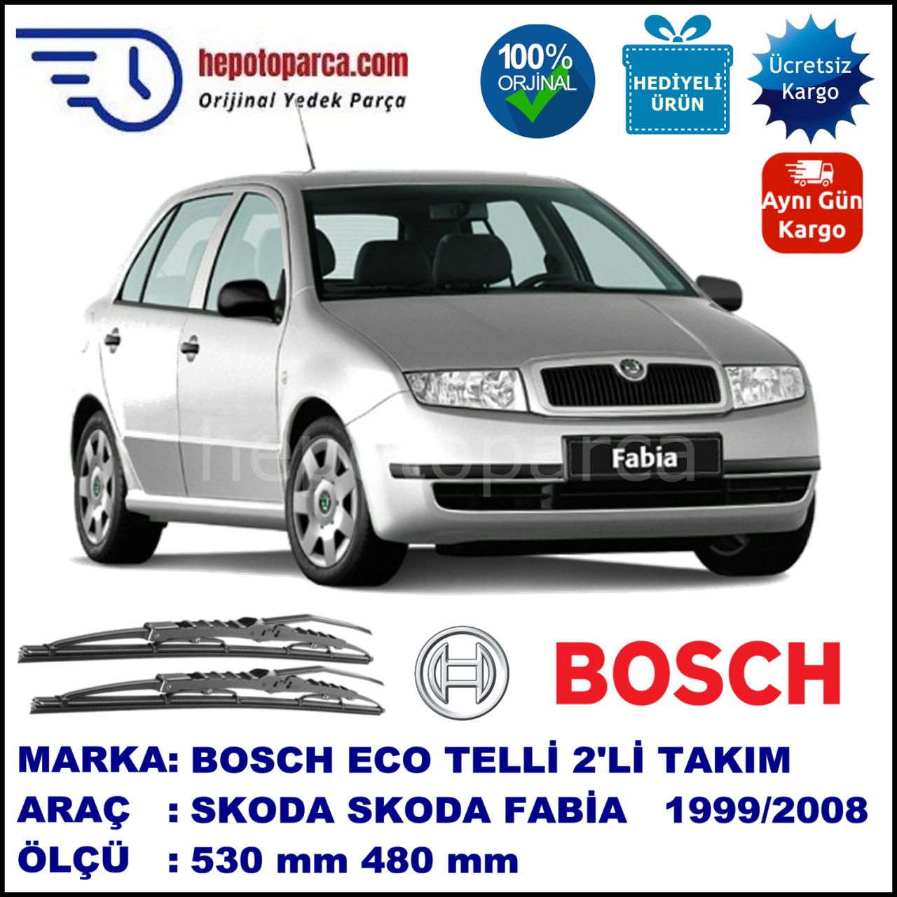 SKODA Fabia Hatchback [6Y2] 09.99-03.08 530 / 480 mm. BOSCH ECO Telli Silecek 2'li Takım