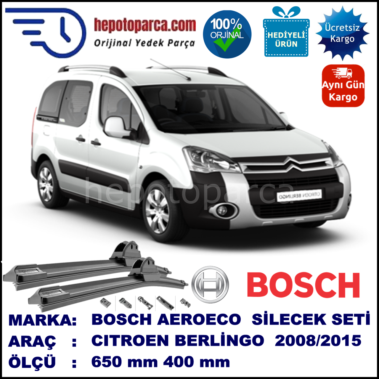 CITROEN Berlingo [B9] 05.2008-..., 650 / 400 mm. BOSCH AEROECO Aparatlı Muz Silecek