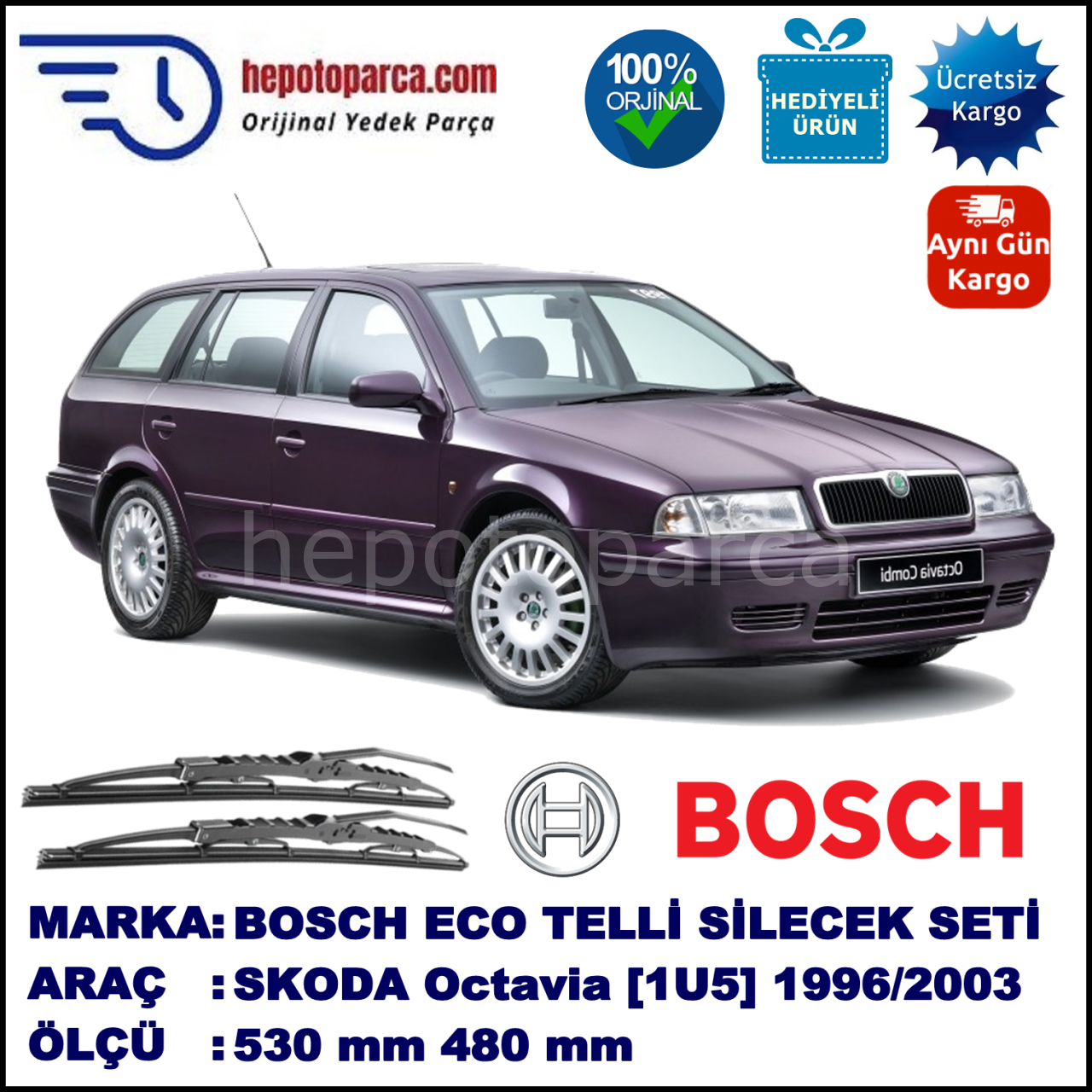 SKODA Octavia Combi [1U5] 10.96-12.10 530 / 480 mm. BOSCH ECO Telli Silecek 2'li Takım