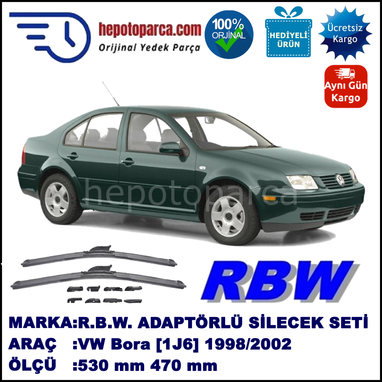VW Bora [1J2] 09.1998-05.2002, 530 / 470 mm.  RBW  ADAPTÖRLÜ MUZ SİLECEK SETİ