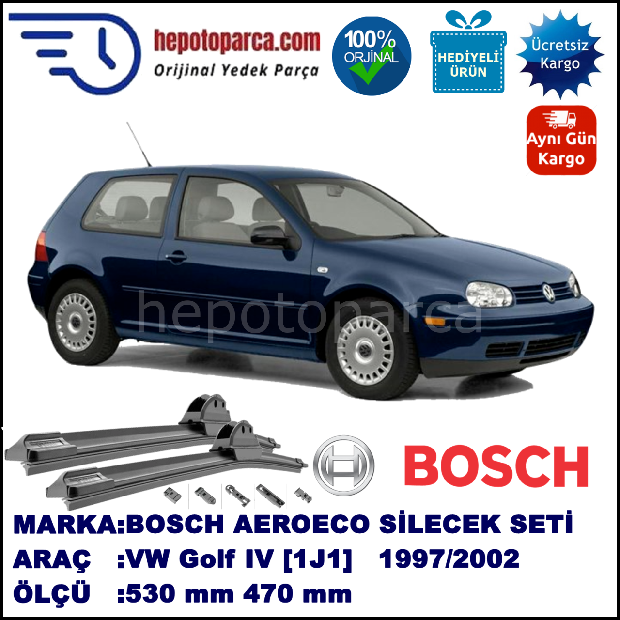 VW Golf 4 IV [1J1] 10.1997-05.2002, 530 / 470 mm. BOSCH AEROECO Aparatlı Muz Silecek