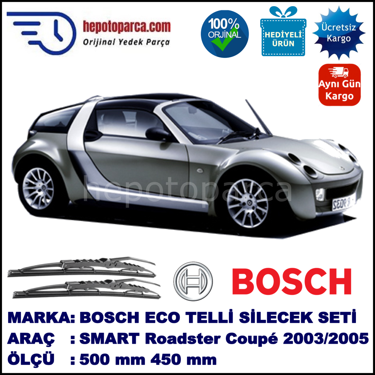 SMART (MCC) Roadster Coupé [452] 04.03-11.05 500 / 450 mm. BOSCH ECO Telli Silecek 2'li Takım