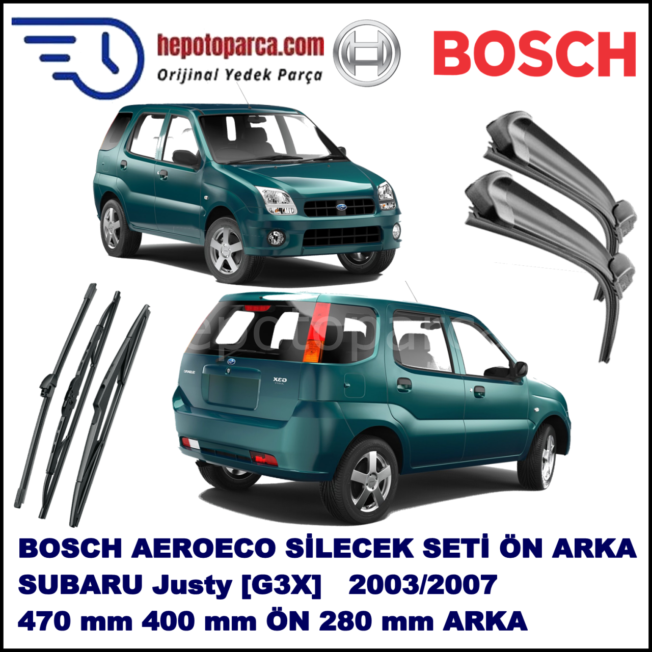 SUBARU Justy [G3X] 09,2003-08,2007 Bosch Aeroeco Ön ve Arka Silecek Takımı