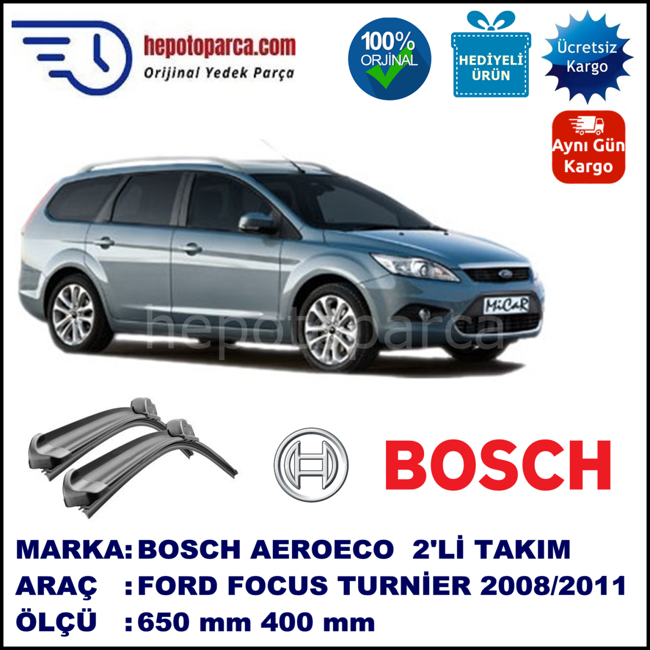 FORD Focus II Turnier [08] 11.2008-12.2011, 650 / 400 mm. BOSCH AEROECO Aparatlı Muz Silecek