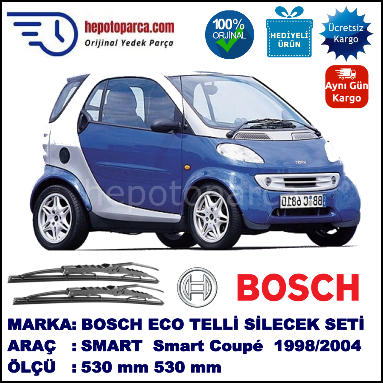 SMART (MCC) Smart Coupé [450] 07.98-01.04 530 / 530 mm. BOSCH ECO Telli Silecek 2'li Takım