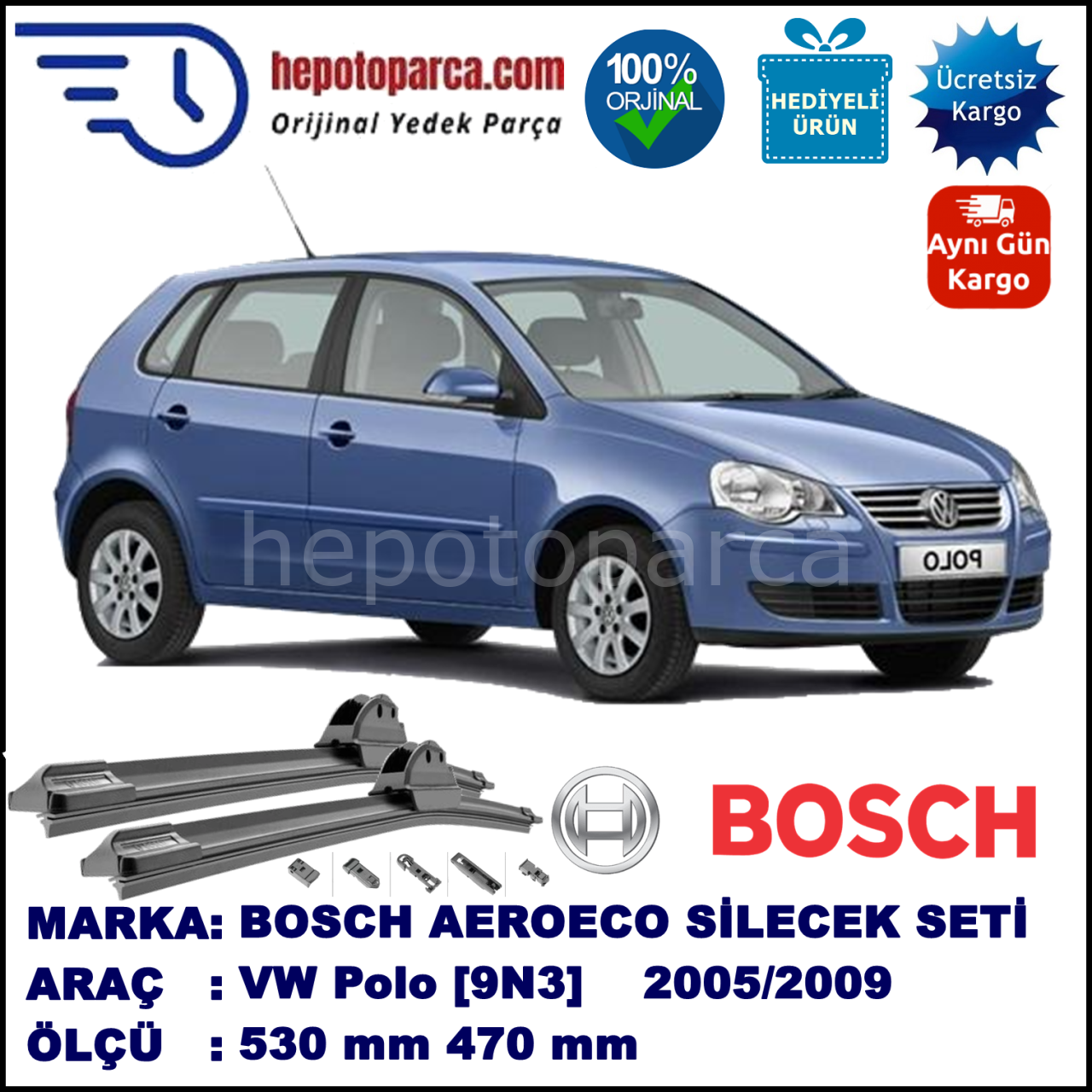 VW Polo 9N3 04.2005 12.2009 530 470 mm. BOSCH AEROECO Aparatl Muz Silecek