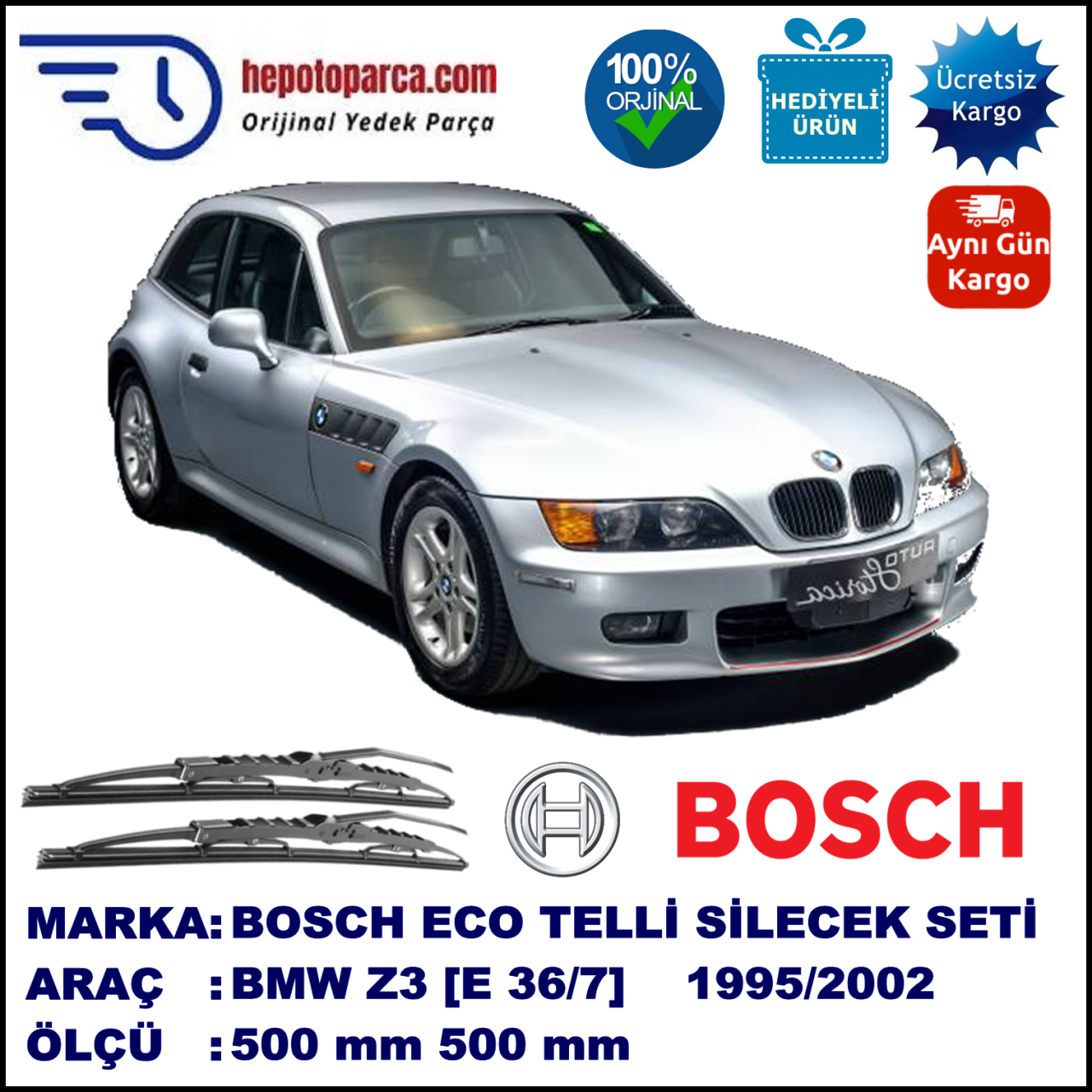 BMW Z3 [E 36/7] 03.95-09.02 500 / 500 mm. BOSCH ECO Telli Silecek 2'li Takım