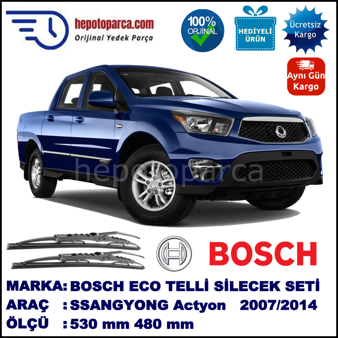 SSANGYONG Actyon Sports  03.07-... 530 / 480 mm. BOSCH ECO Telli Silecek 2'li Takım