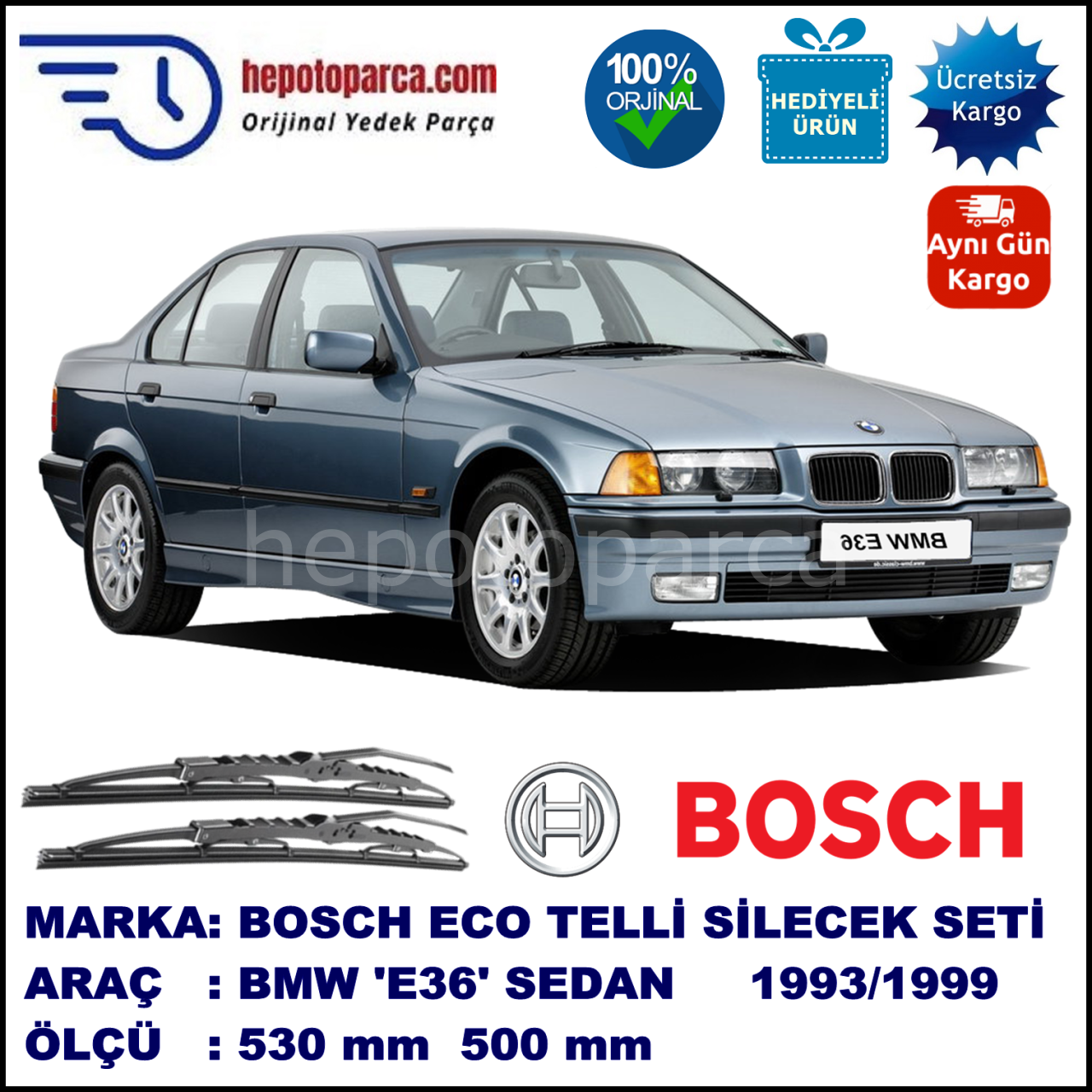 BMW Serie 3 [E 36] 09.90-12.98 530 / 500 mm. BOSCH ECO Telli Silecek 2'li Takım