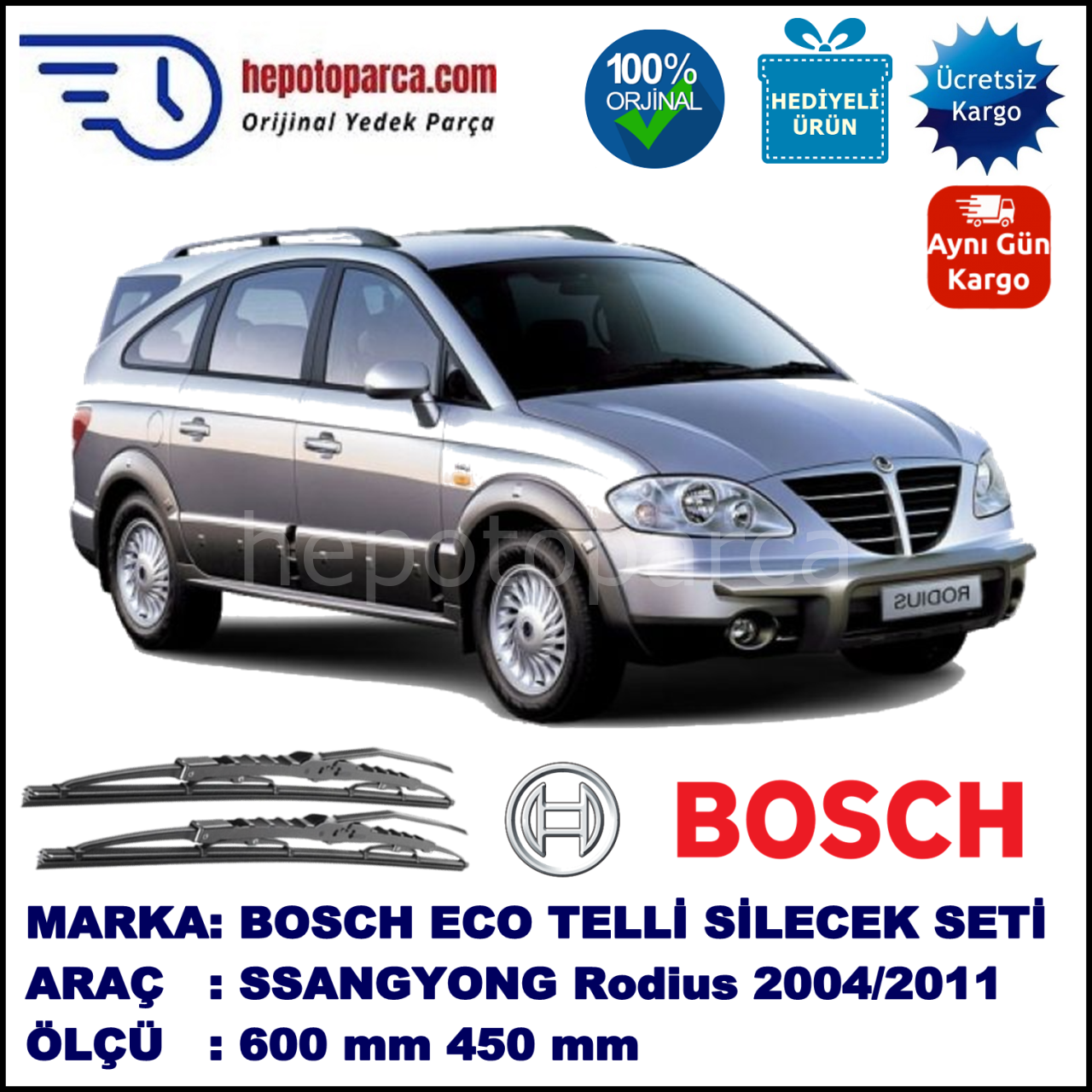 SSANGYONG Rodius  08.04-... 600 / 450 mm. BOSCH ECO Telli Silecek 2'li Takım