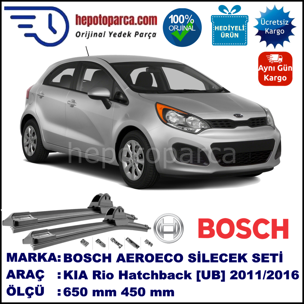 KIA Rio Hatchback [UB] 06.2011-..., 650 / 400 mm. BOSCH AEROECO Aparatlı Muz Silecek