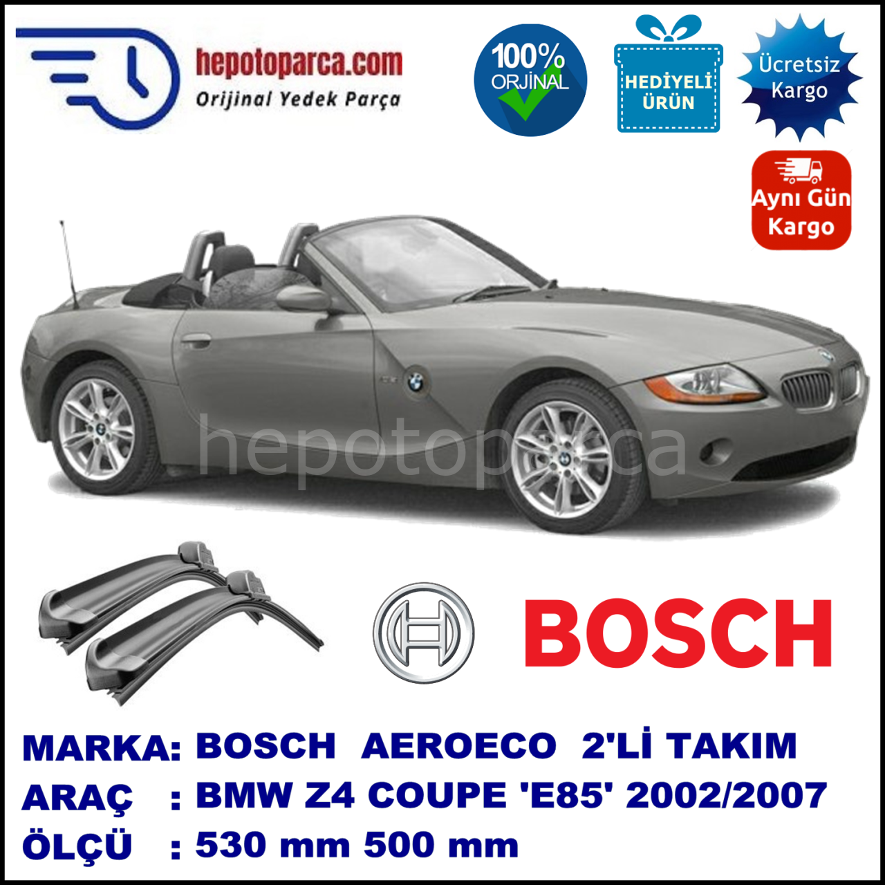 BMW Z4 [E 85] 10.2002-07.2007, 530 / 500 mm. BOSCH AEROECO Aparatlı Muz Silecek