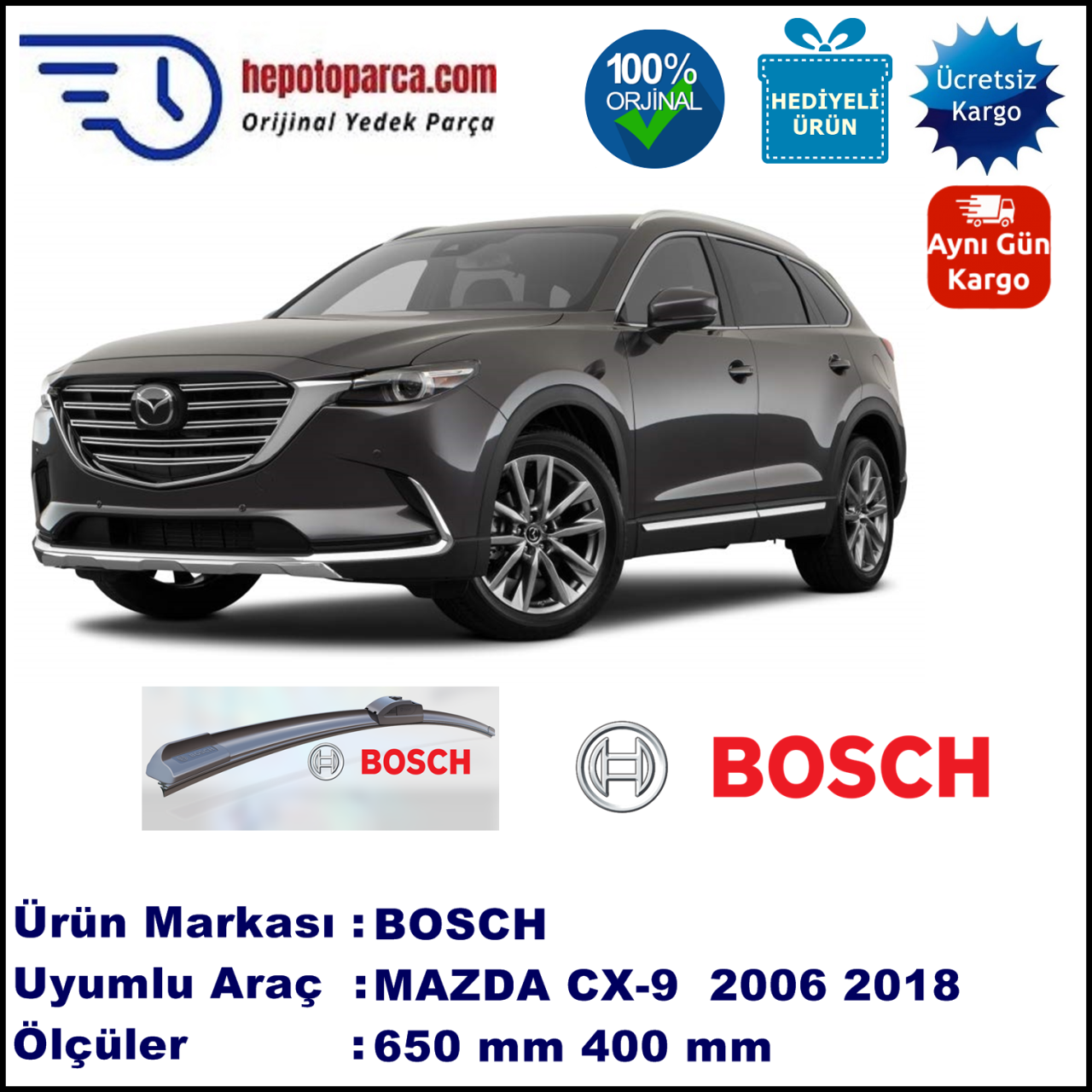 MAZDA CX-9 [TB] 09.2006-..., 650 / 400 mm. BOSCH AEROECO Aparatlı Muz Silecek