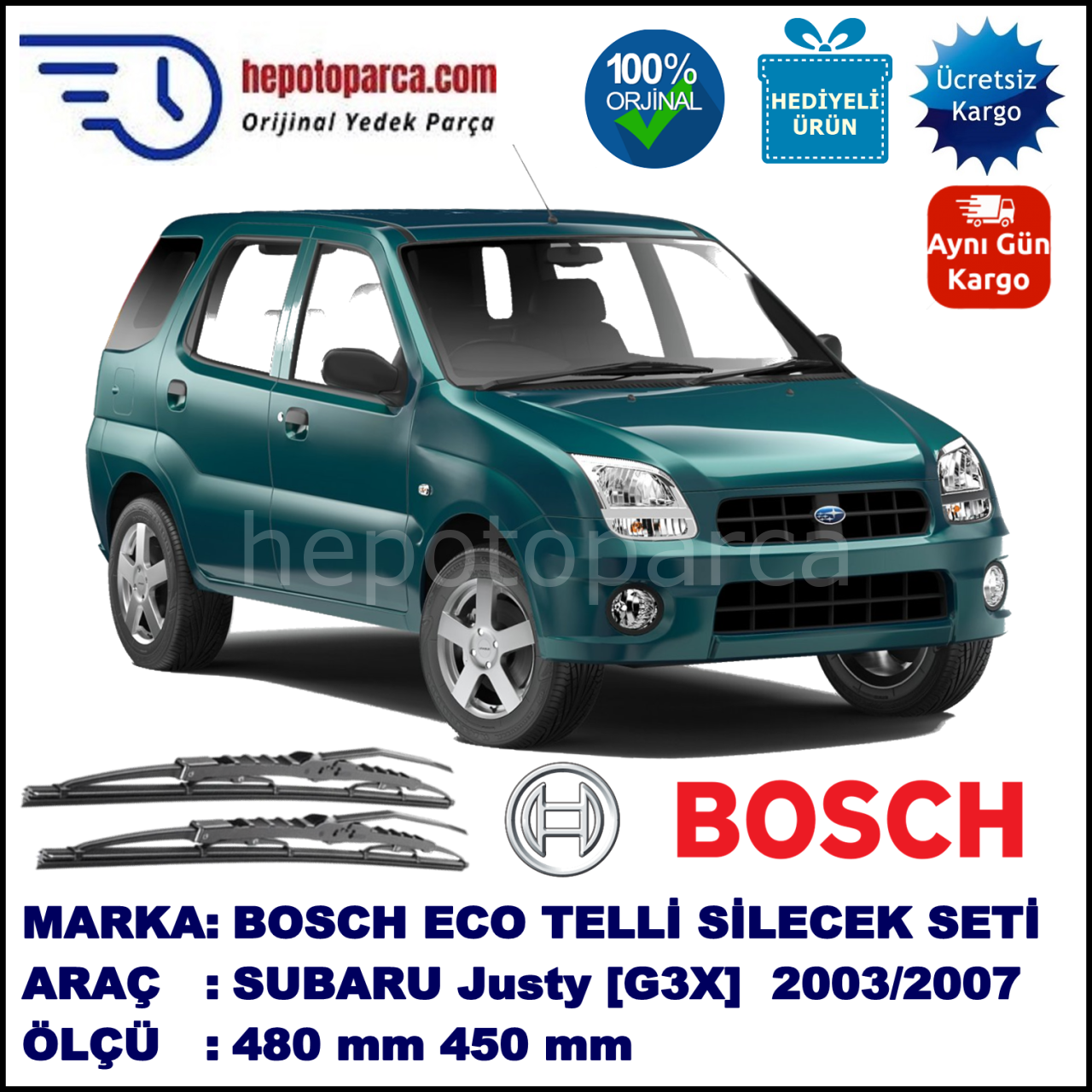 SUBARU Justy [G3X] 09.03-08.07 480 / 450 mm. BOSCH ECO Telli Silecek 2'li Takım