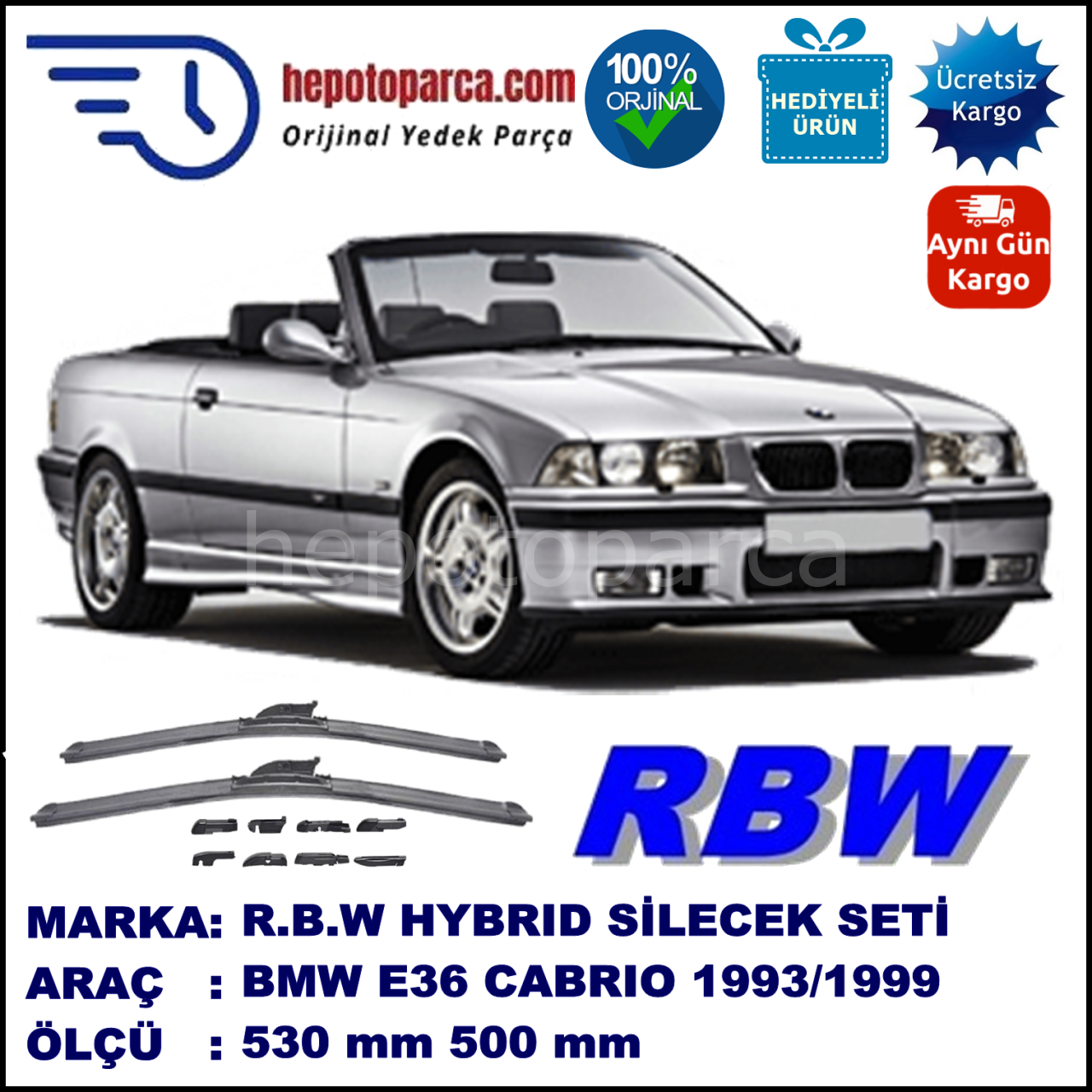 BMW Serie 3 Cabrio [E 36] 03.1993-12.1999, 530 / 500 mm.  RBW  ADAPTÖRLÜ MUZ SİLECEK SETİ