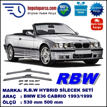 BMW Serie 3 Cabrio [E 36] 03.1993-12.1999, 530 / 500 mm.  RBW  ADAPTÖRLÜ MUZ SİLECEK SETİ