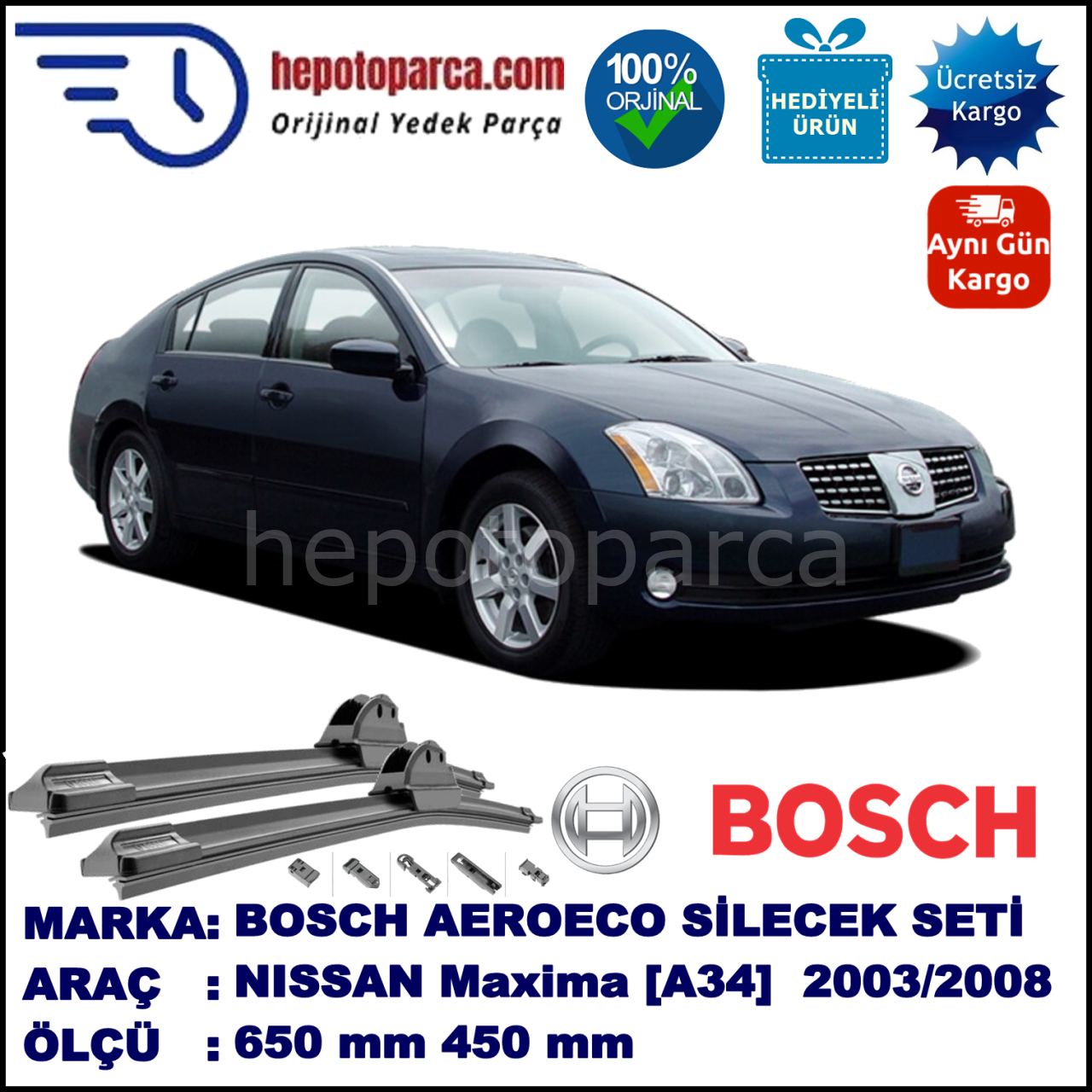 NISSAN Maxima [A34] 02.2003-05.2008, 650 / 400 mm. BOSCH AEROECO Aparatlı Muz Silecek