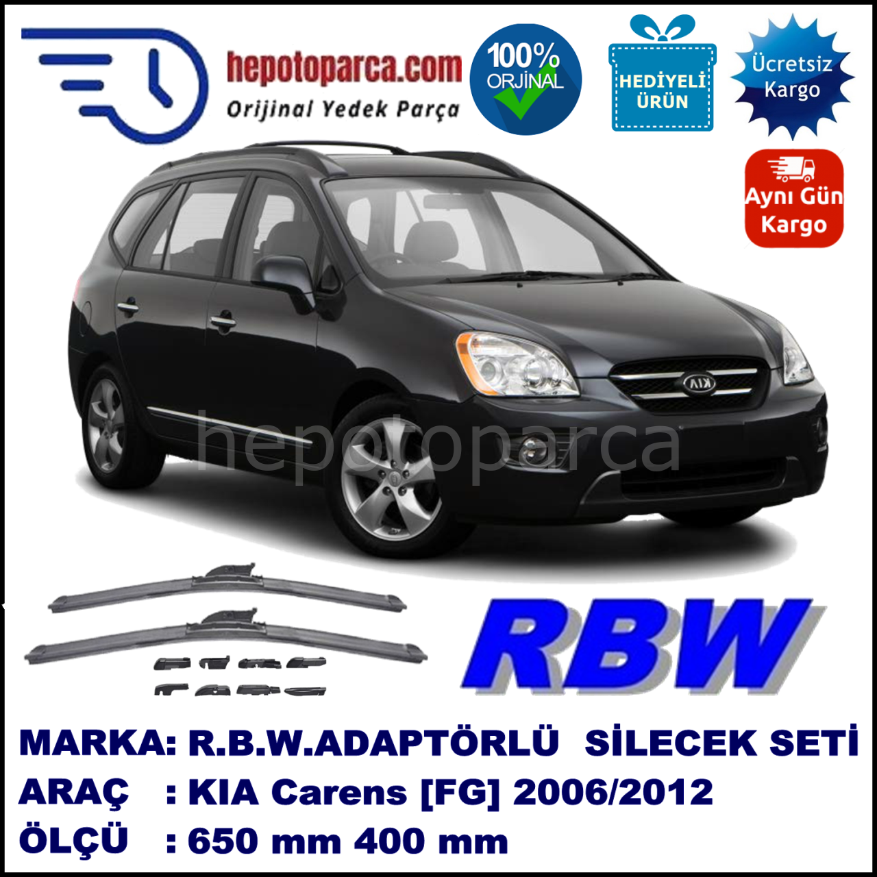 KIA Carens [FG] 09.2006-..., 650 / 400 mm.  RBW  ADAPTÖRLÜ MUZ SİLECEK SETİ