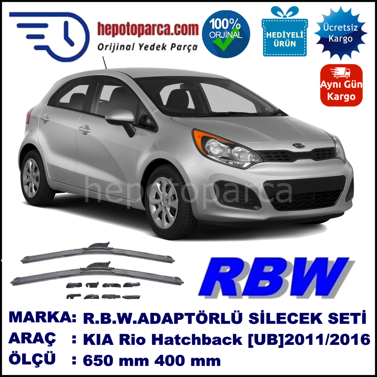 KIA Rio Hatchback [UB] 06.2011-..., 650 / 400 mm.  RBW  ADAPTÖRLÜ MUZ SİLECEK SETİ