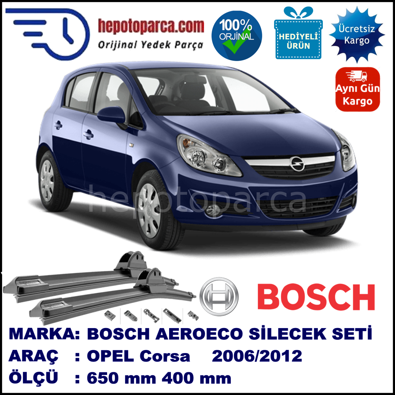 OPEL Corsa [D] 07.2006-..., 650 / 400 mm. BOSCH AEROECO Aparatlı Muz Silecek