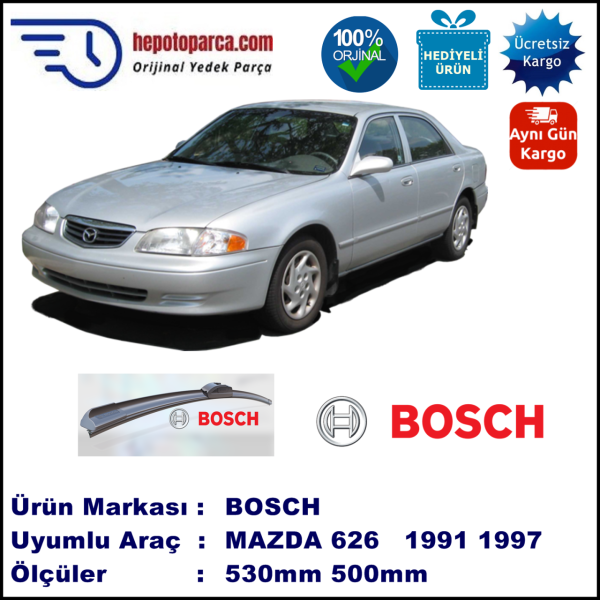 MAZDA 626 [GE] 08.1991-03.1997, 530 / 500 mm. BOSCH AEROECO Aparatlı Muz Silecek