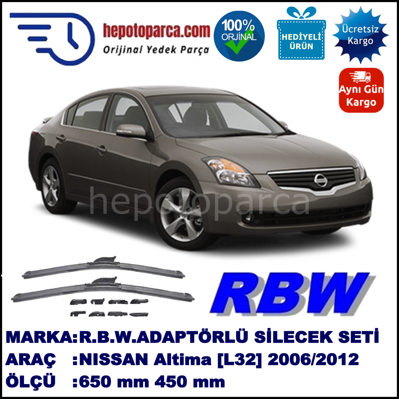 NISSAN Altima [L32] 11.2006-..., 650 / 400 mm.  RBW  ADAPTÖRLÜ MUZ SİLECEK SETİ