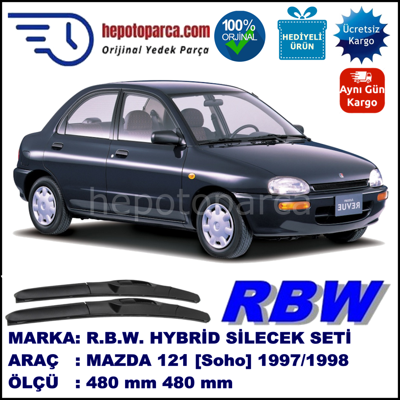 MAZDA 121 [Soho] 01.97-12.98 480 / 480 mm. RBW Hybrid Silecek Seti. U Kanca Uyumlu Hibrit