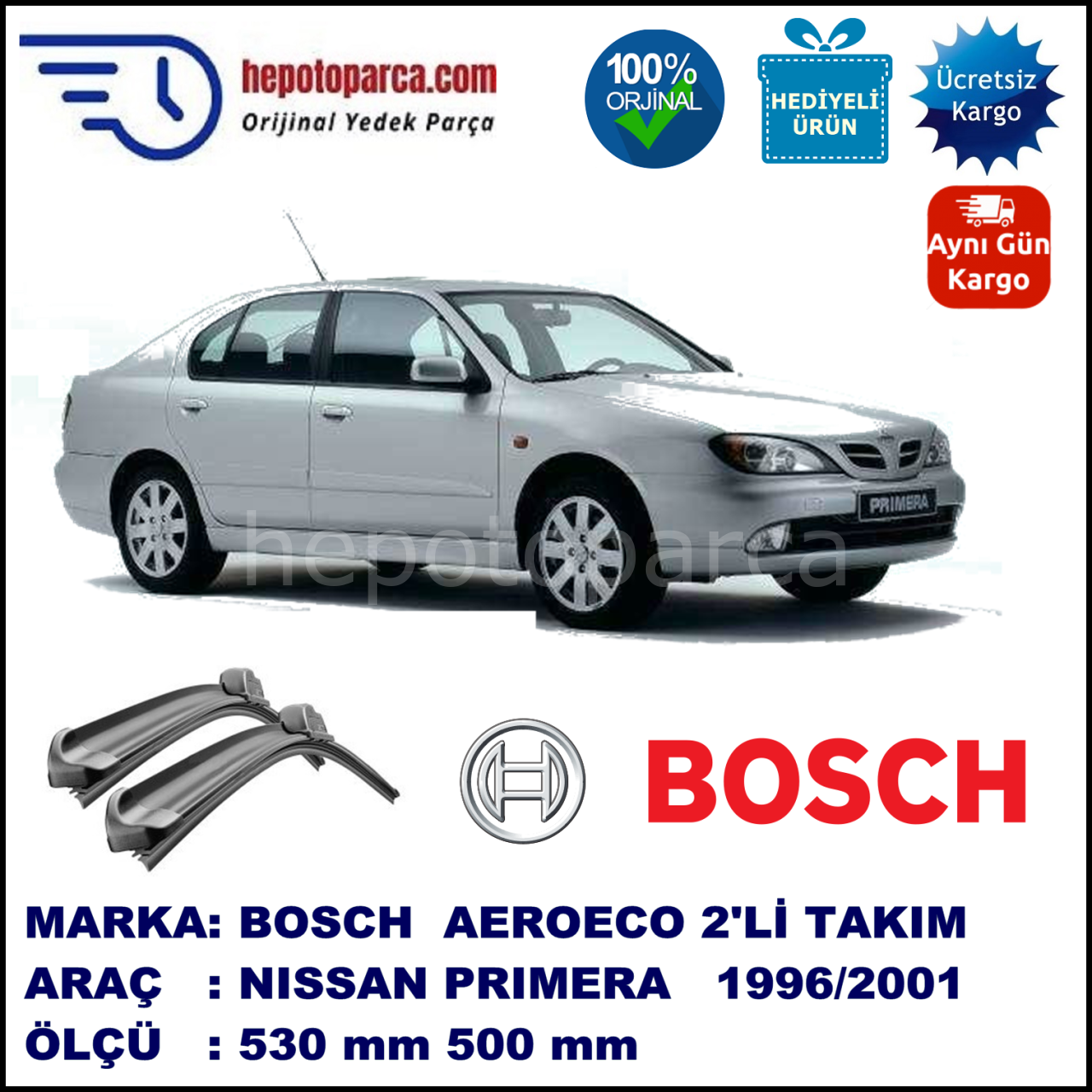 NISSAN Primera Sedan [P11E] 06.1996-12.2001, 530 / 500 mm. BOSCH AEROECO Aparatlı Muz Silecek