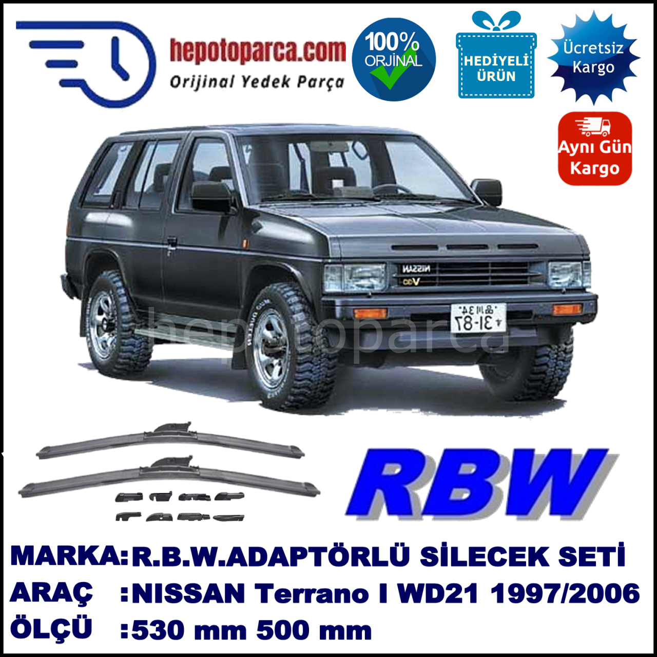 NISSAN Terrano I [WD21] 04.1997-12.2006, 530 / 500 mm.  RBW  ADAPTÖRLÜ MUZ SİLECEK SETİ