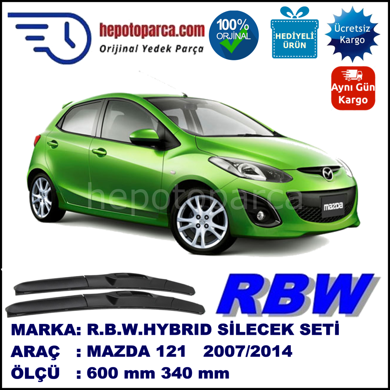 MAZDA 2 [DE] 06.07-... 600 / 340 mm. RBW Hybrid Silecek Seti. U Kanca Uyumlu Hibrit