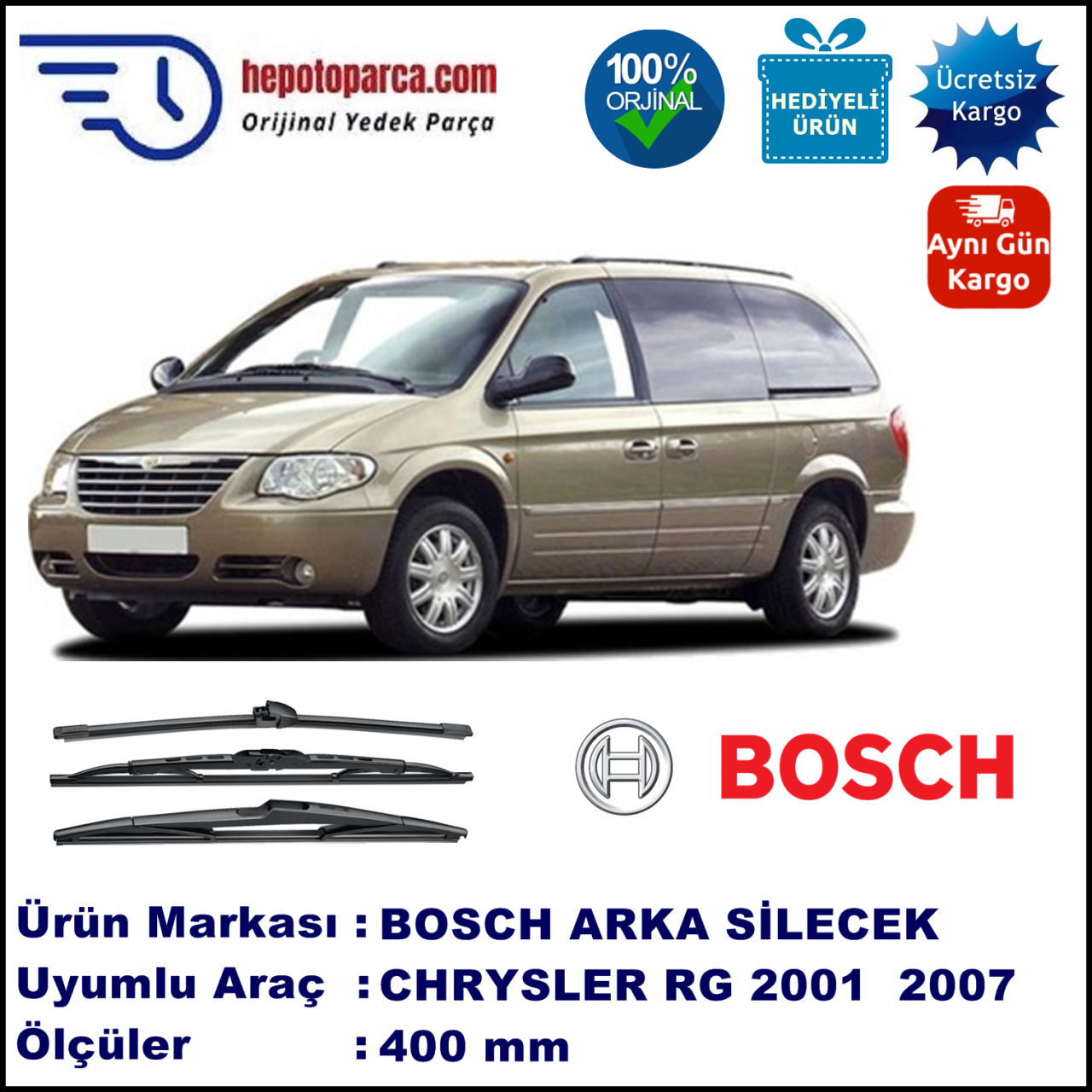 CHRYSLER Voyager [RG] 400 mm 01.2001-12.2007 BOSCH Arka Silecek