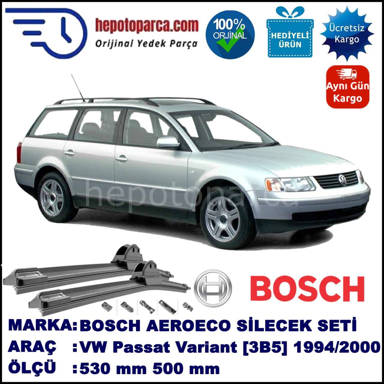 VW Passat Variant [3B5] 10.1994-11.2000, 530 / 500 mm. BOSCH AEROECO Aparatlı Muz Silecek