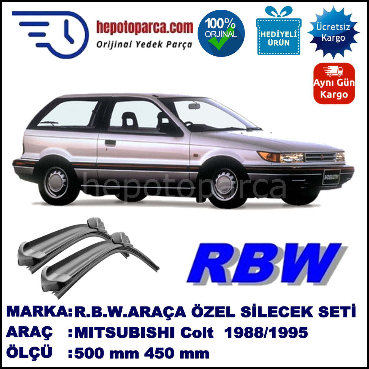 MITSUBISHI Colt [CA/CC; C5] 04.88-11.95 500 / 450 mm. RBW Muz Silecek Seti  2'li Takım. U Kanca Uyumludur.