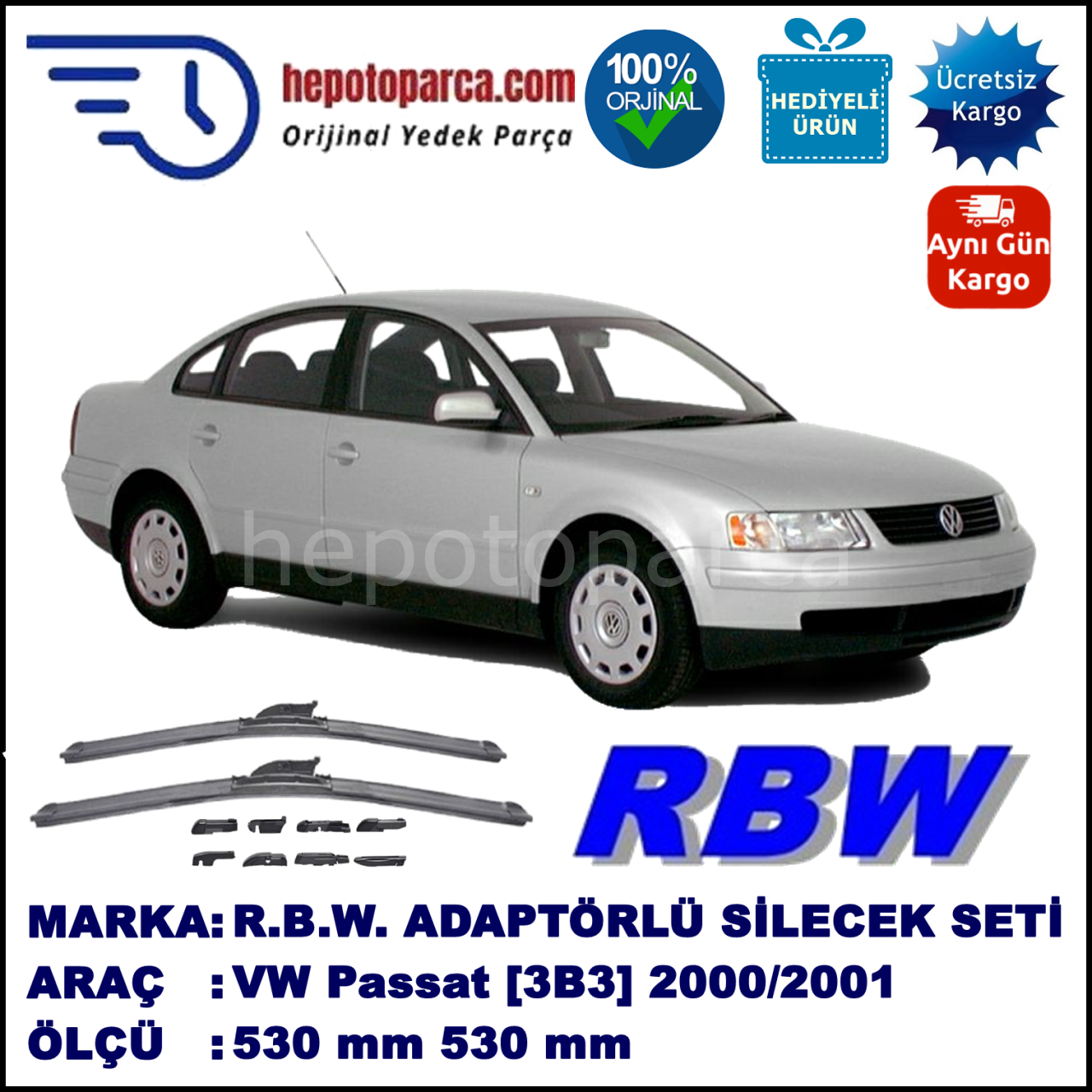 VW Passat [3B3] 10.2000-10.2001, 530 / 500 mm.  RBW  ADAPTÖRLÜ MUZ SİLECEK SETİ