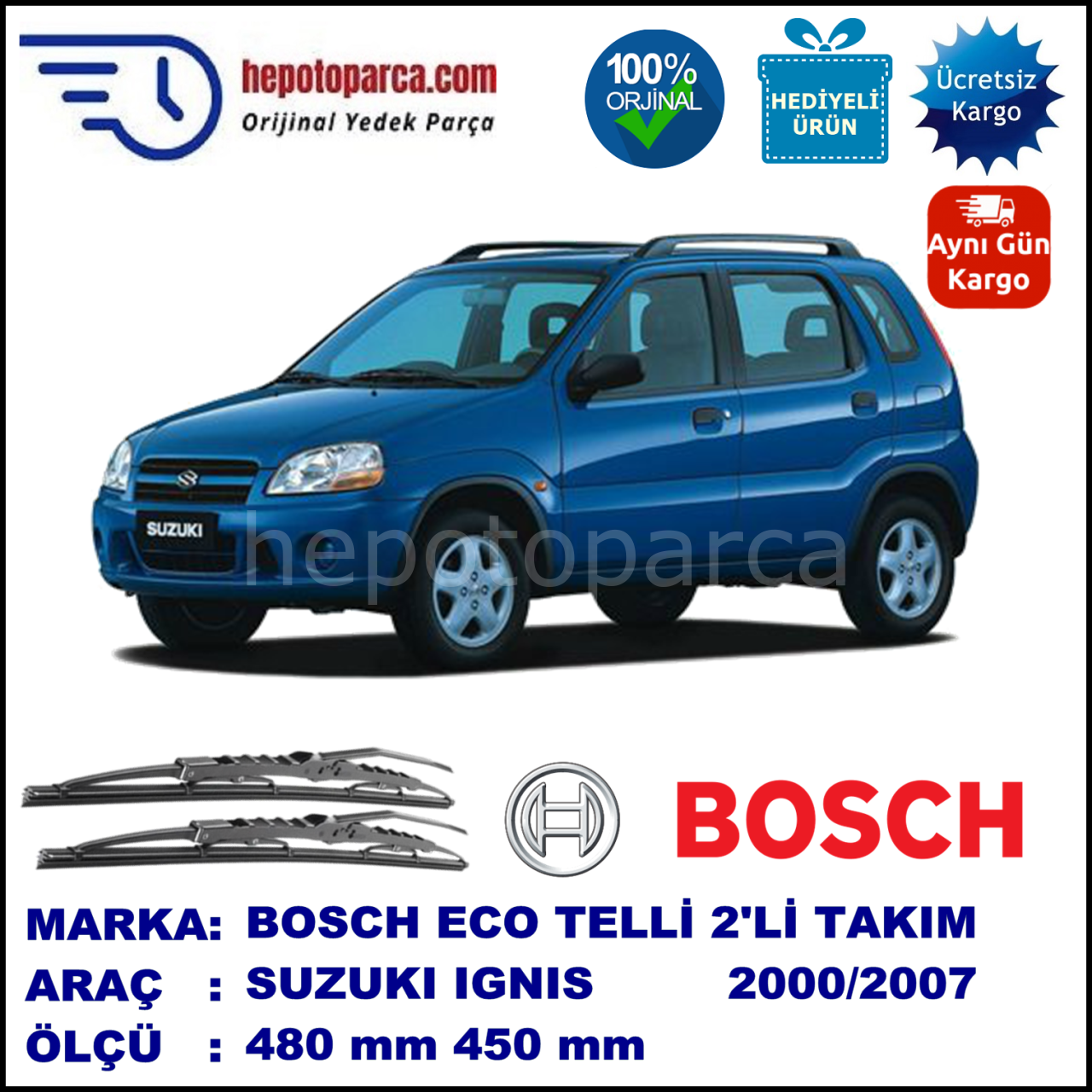 SUZUKI Ignis Hatchback  10.00-12.07 480 / 450 mm. BOSCH ECO Telli Silecek 2'li Takım