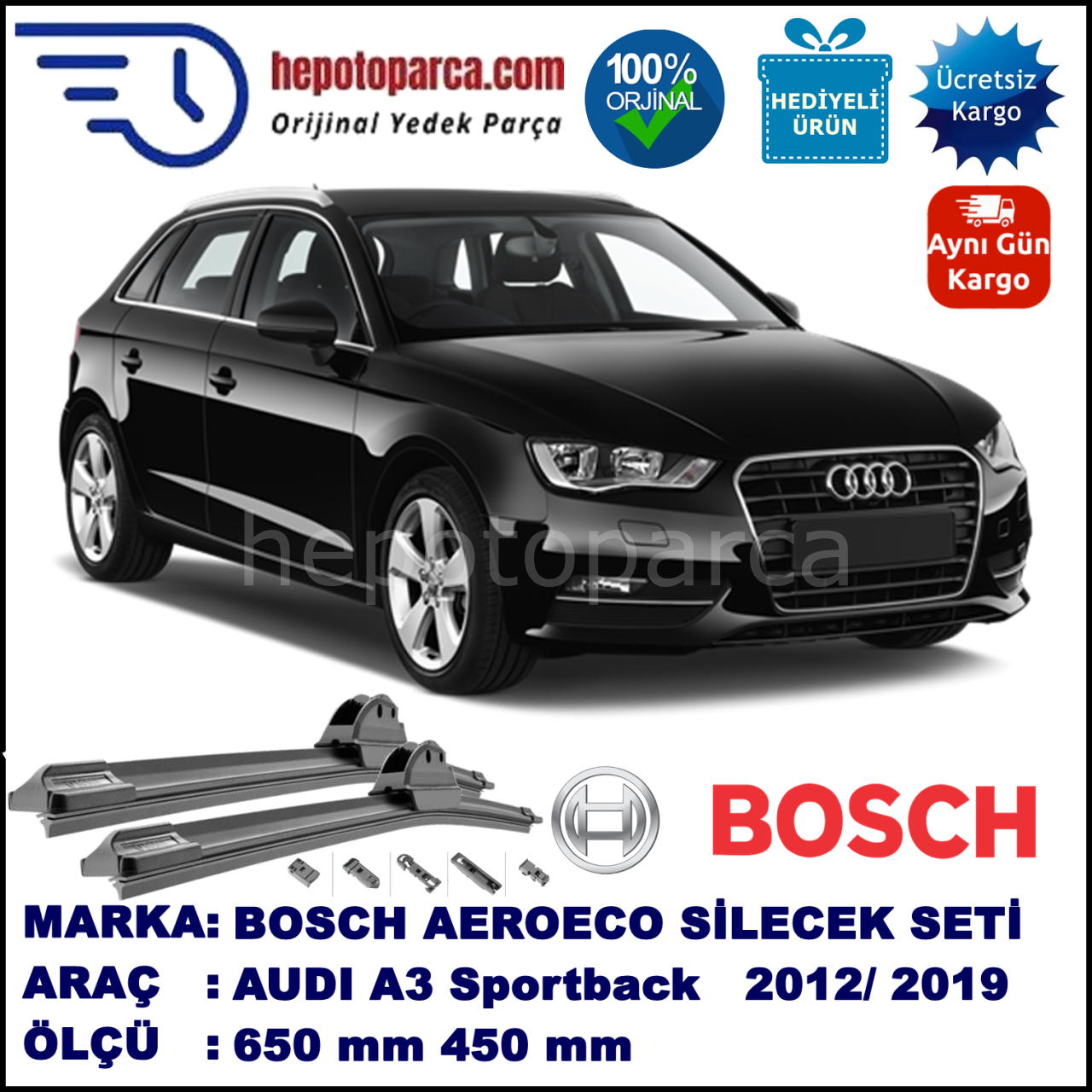 AUDI A3 Sportback [8VA] 09.2012-..., 650 / 450 mm. BOSCH AEROECO Aparatlı Muz Silecek