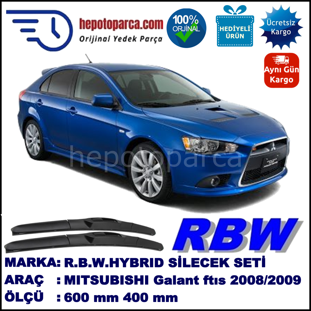MITSUBISHI Galant Fortis Sportback  12.08-12.09 600 / 400 mm. RBW Hybrid Silecek Seti. U Kanca Uyumlu Hibrit