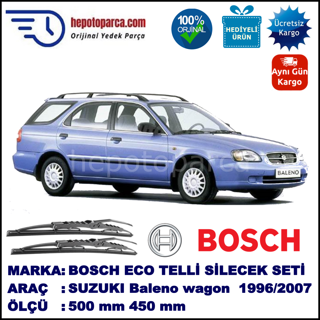 SUZUKI Baleno Wagon  08.96-09.07 500 / 450 mm. BOSCH ECO Telli Silecek 2'li Takım