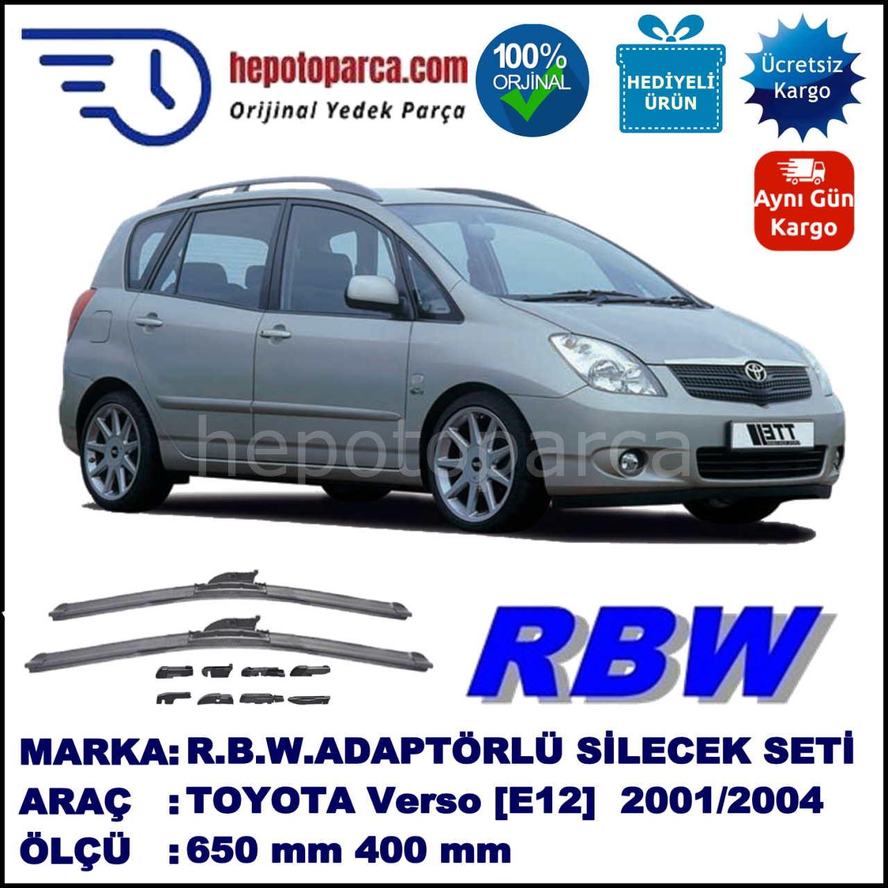 TOYOTA Corolla Verso [E12] 09.2001-01.2004, 650 / 400 mm.  RBW  ADAPTÖRLÜ MUZ SİLECEK SETİ