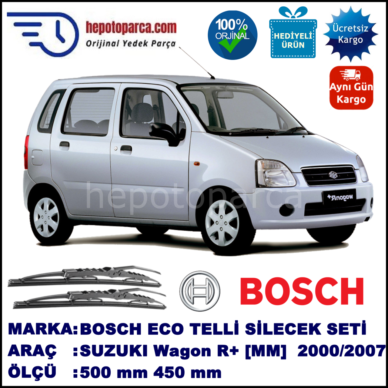 SUZUKI Wagon R+ [MM] 05.00-... 500 / 450 mm. BOSCH ECO Telli Silecek 2'li Takım