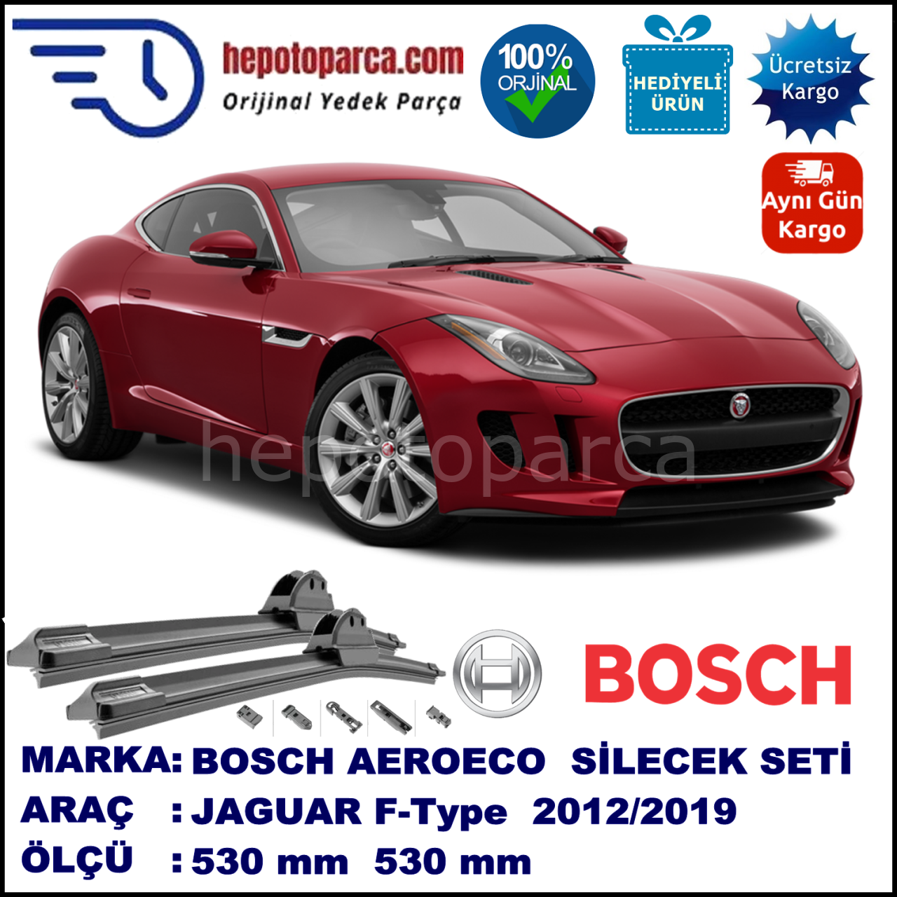 JAGUAR F-Type  10.2012-..., 530 / 530 mm. BOSCH AEROECO Aparatlı Muz Silecek