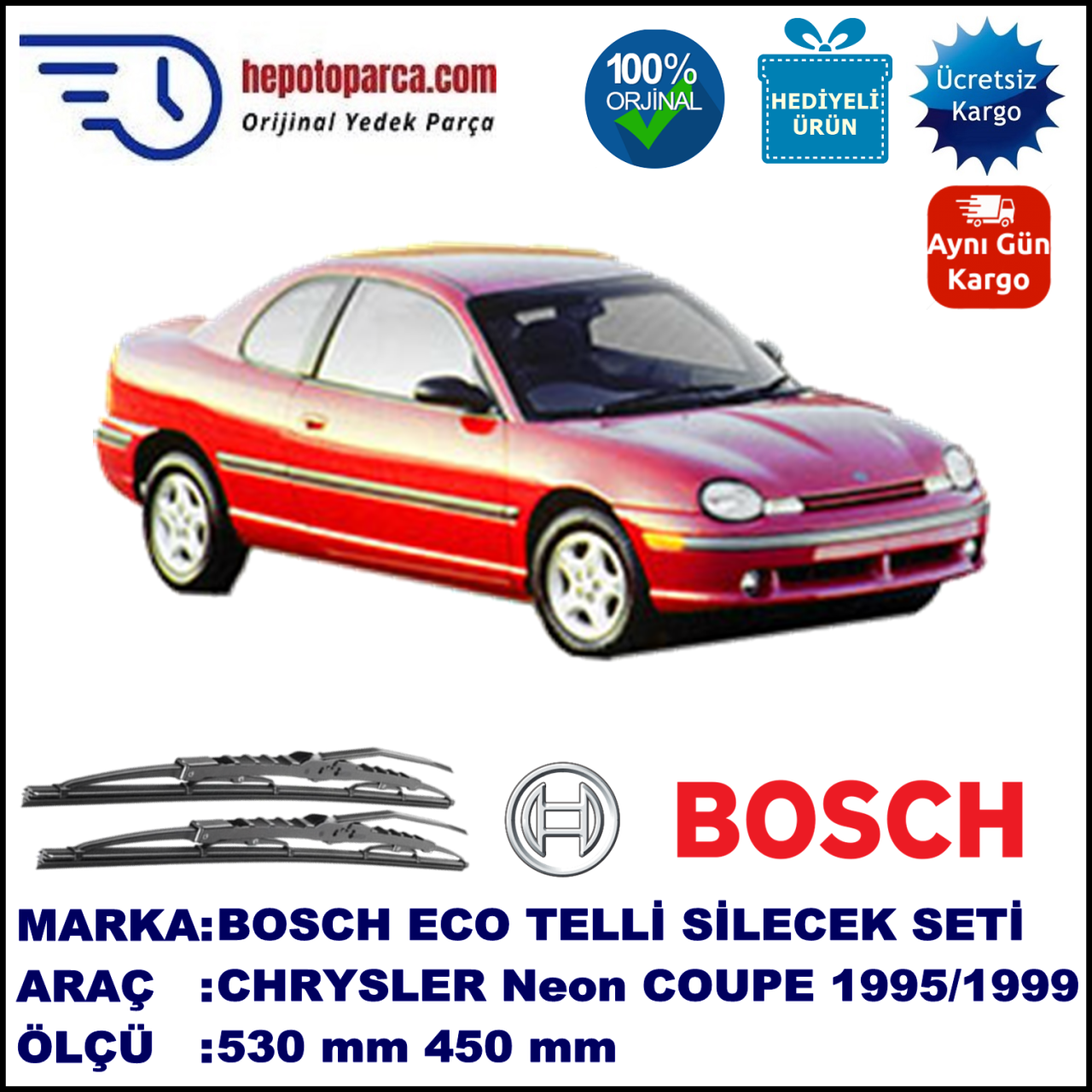 CHRYSLER Neon Coupé [PL] 09.95-06.99 530 / 450 mm. BOSCH ECO Telli Silecek 2'li Takım